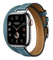 ساعة ابل Hermes الجيل ال 9 / ستيل مع سير دبل تور جلد لون Blue Jean / حجم 41 