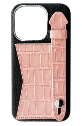 Double A iPhone 14 Pro Leather Case / Qatari Brand / Card Holder & Grip / Black & Pink