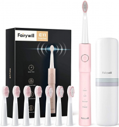 Fairywill E11 Ultrasonic Electric Toothbrush with 8 Heads & Travel Bag / Pink