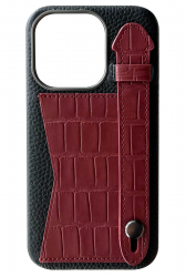 Double A iPhone 14 Pro Leather Case / Qatari Brand / Card Holder & Grip / Black & Maroon