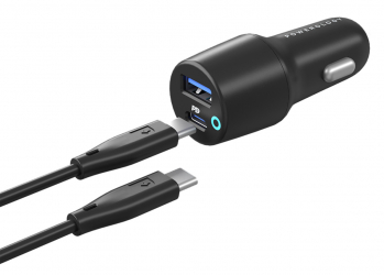 Powerology Car Charger / Provides Both USB & Type-C Ports / With Built-in Type-C Cable