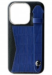 Double A iPhone 14 Pro Leather Case / Qatari Brand / Card Holder & Grip / Black & Blue