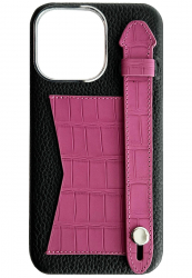 Double A iPhone 14 Pro Max Leather Case / Qatari Brand / Card Holder & Grip / Black & Fuchsia