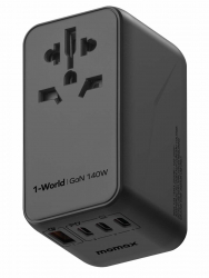 Momax GaN Charger / 140W Power / 3 Type-C & 1 USB Ports / Universal Travel Plugs / Black