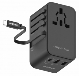 Momax GaN Travel Charger / 70W Power / 2 Type-C & 2 USB Ports / Built-in Type-C Cable / Black