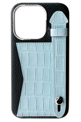 Double A iPhone 14 Pro Leather Case / Qatari Brand / Card Holder & Grip / Black & Sky Blue