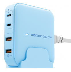 Momax OnePlug GaN Charger / With 2 Type-C & 2 USB Ports / 70W Power / Blue