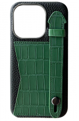 Double A iPhone 14 Pro Leather Case / Qatari Brand / Card Holder & Grip / Black & Green