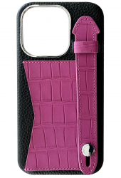 Double A iPhone 14 Pro Leather Case / Qatari Brand / Card Holder & Grip / Black & Fuchsia