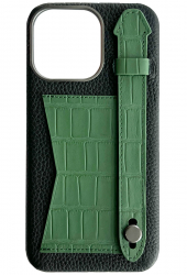 Double A iPhone 14 Pro Max Leather Case / Qatari Brand / Card Holder & Grip / Black & Green