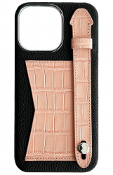 Double A iPhone 14 Pro Max Leather Case / Qatari Brand / Card Holder & Grip / Black & Pink