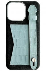 Double A iPhone 14 Pro Max Leather Case / Qatari Brand / Card Holder & Grip / Black & Sky Blue