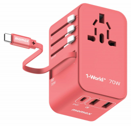 Momax GaN Travel Charger / 70W Power / 2 Type-C & 2 USB Ports / Built-in Type-C Cable / Red