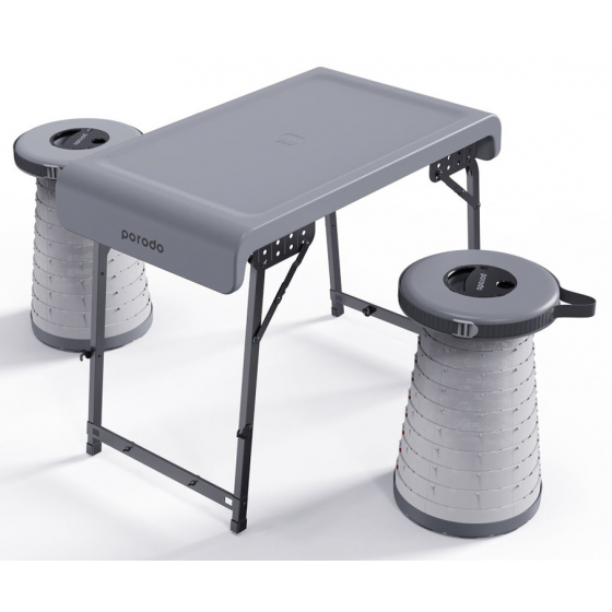حزمة بورودو للتخييم / طاولة قابلة للطي + كراسي مع اضاءة مدمجة / رصاصي
