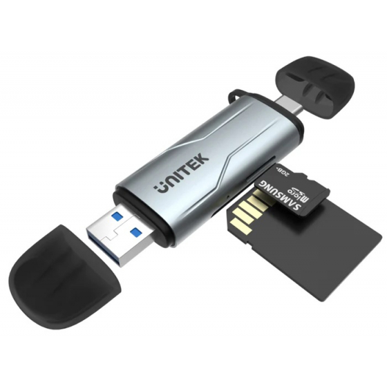 قارئ بطاقات من Unitek / مدخل تايب سي + USB / يدعم مايكرو SD و SD عادي / رصاصي