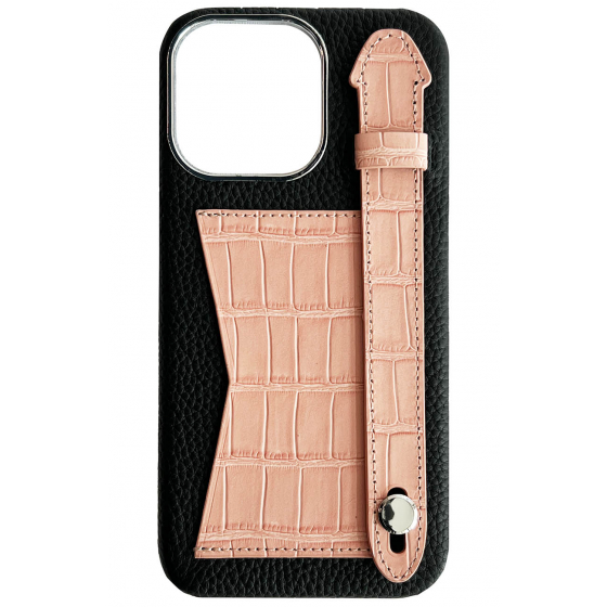 Double A iPhone 14 Pro Max Leather Case / Qatari Brand / Card Holder & Grip / Black & Pink