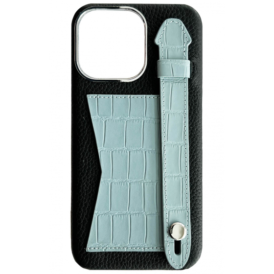 Double A iPhone 14 Pro Max Leather Case / Qatari Brand / Card Holder & Grip / Black & Sky Blue
