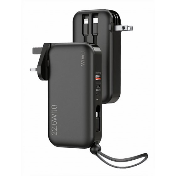 WiWU Charger & Power Bank / 10000 mAh / Built-in Type-C & Lightning Cables / Black 