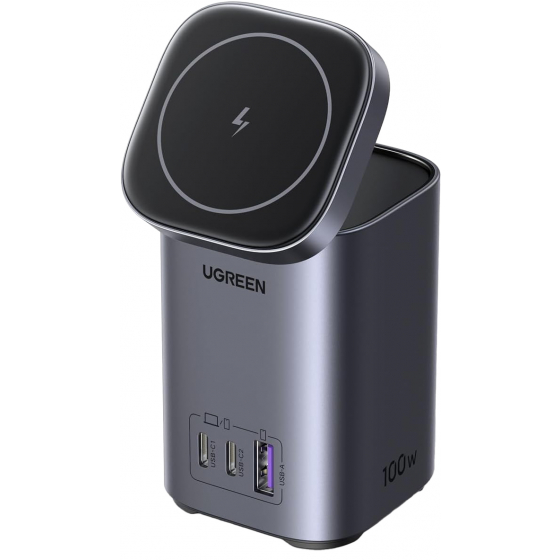 شاحن UGreen نوع 4 في 1 / مدخلين تايب سي و مدخل USB مع شاحن لاسلكي / يتحول لستاند / قوة 100 واط