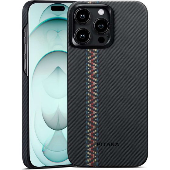 PITAKA Carbon Fiber Case for iPhone 15 Pro Max / Supports MagSafe / Black with Colorful Pattern