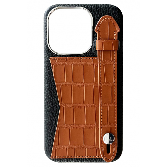 Double A iPhone 14 Pro Leather Case / Qatari Brand / Card Holder & Grip / Black & Brown