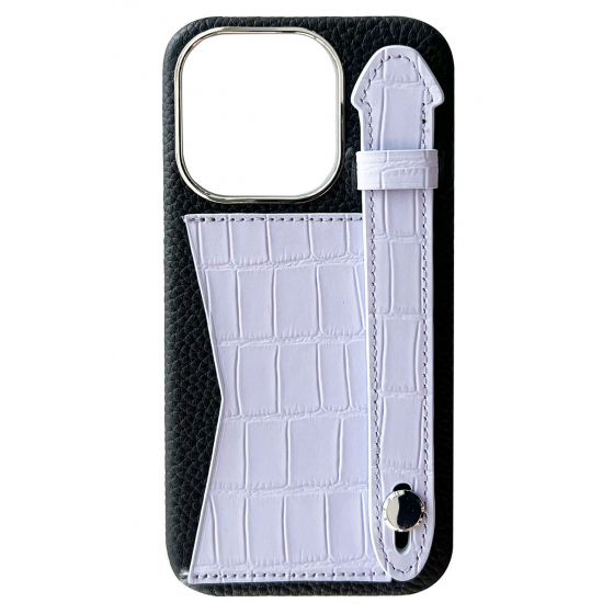 Double A iPhone 14 Pro Leather Case / Qatari Brand / Card Holder & Grip / Black & Lilac