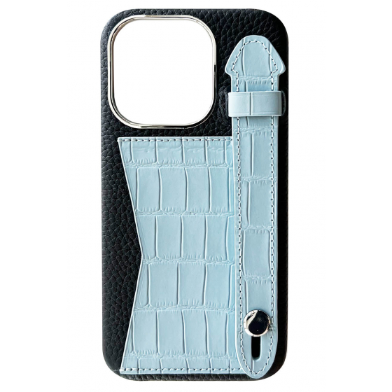 Double A iPhone 14 Pro Leather Case / Qatari Brand / Card Holder & Grip / Black & Sky Blue