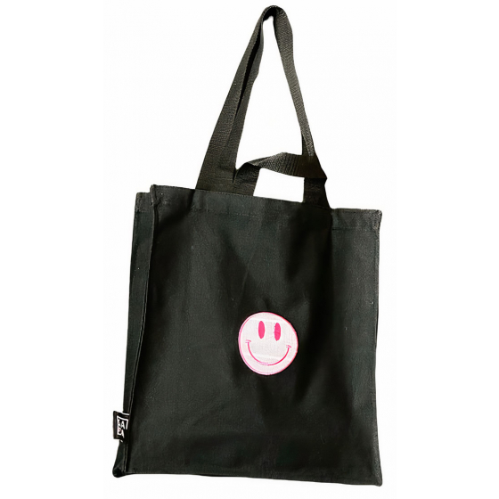 Sada Tote Bag / Pink Smiley Face Embroidery / Black