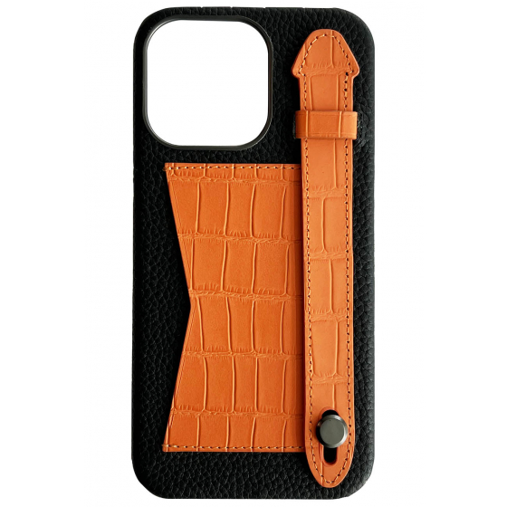 Double A iPhone 14 Pro Max Leather Case / Qatari Brand / Card Holder & Grip / Black & Orange