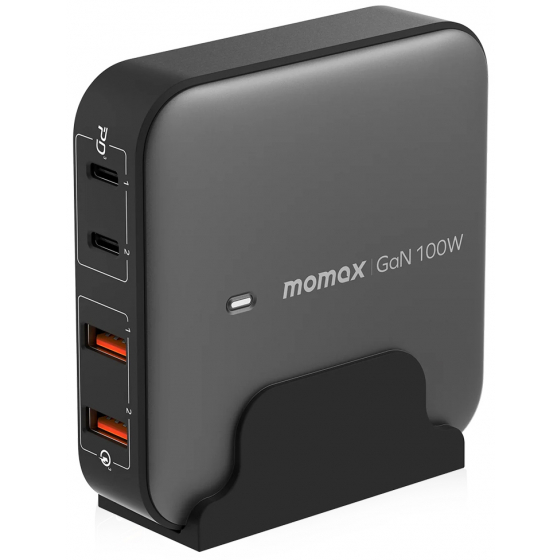 شاحن Momax Desktop الصغير بقوة 100 واط و تقنية GaN / مدخلين تايب سي و مدخلين USB-A / تصميم نحيف 
