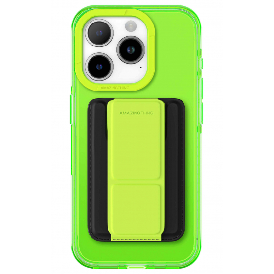 AmazingThing Titan Pro Case for iPhone 15 Pro / MagSafe / Grip + Stand + Wallet / Neon Green