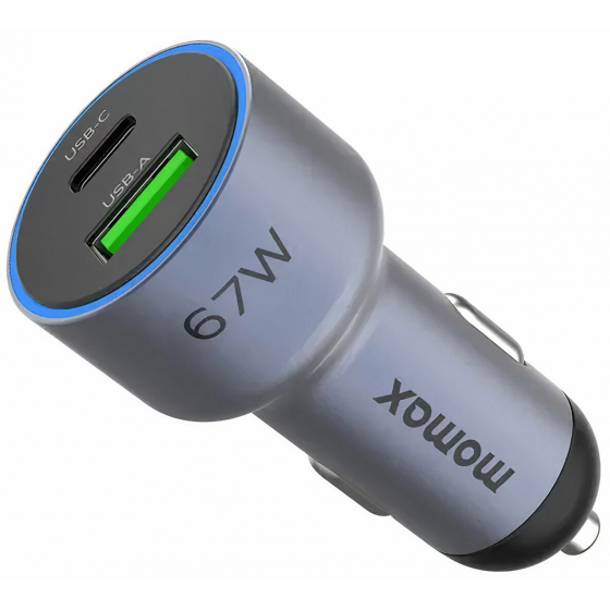 Momax Car Charger / 67W Power / Charges 2 Devices / Charges Laptop Devices / Gray
