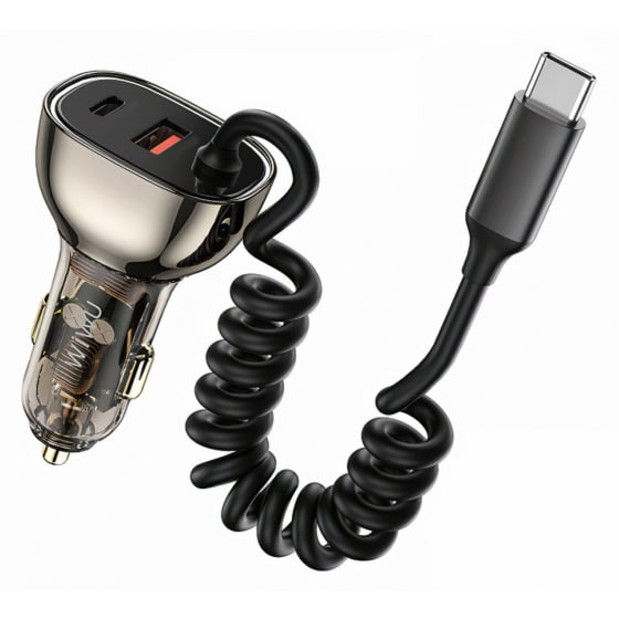 WiWU Car Charger / Provides Type-C & USB Ports / Built-in Type-C Cable / 90W Power