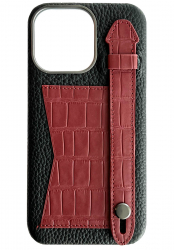 Double A iPhone 14 Pro Max Leather Case / Qatari Brand / Card Holder & Grip / Black & Maroon