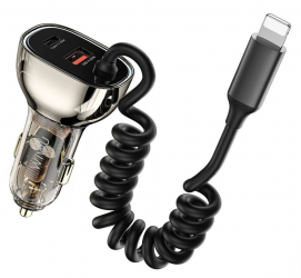 WiWU Car Charger / USB Type-C & USB-A / Built-in Lightning cable /  90W