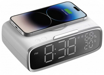 ساعة Momax Q.Clock5 الذكية / فيها شاحن سلكي و لاسلكي / ليت + سبيكر + حساس حرارة و رطوبة + منبه