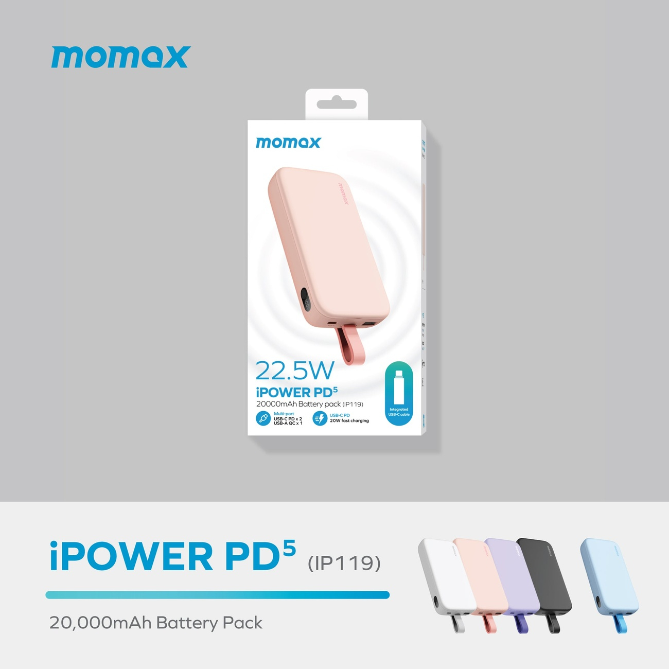 Momax iPower PD 5 Battery / 20,000mAh Capacity / Fast Charging / Built-in  Type-C Cable / Black in Qatar
